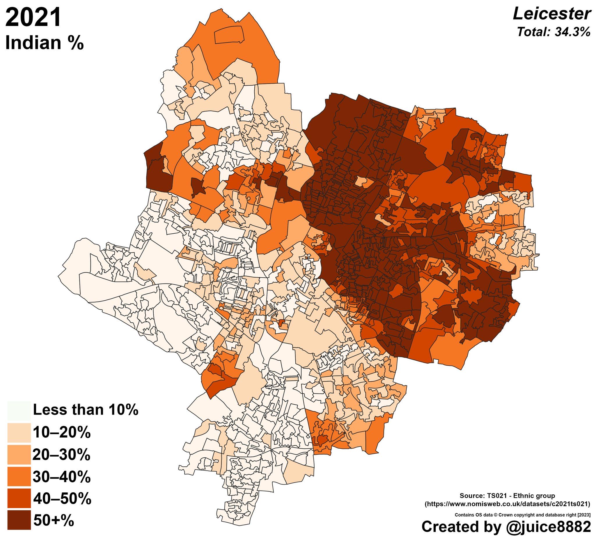 Map of Leicester neighbourhoods shaded by Indian share in the 2021 Census